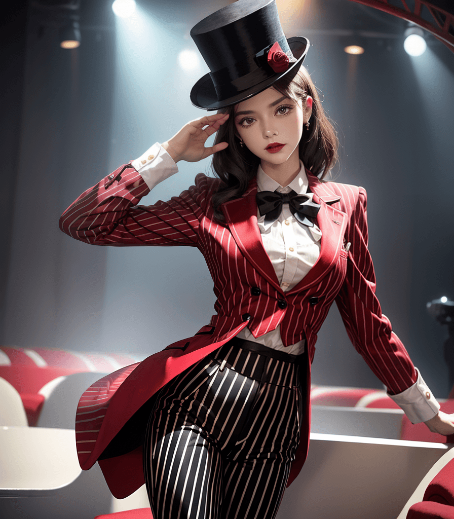 AI generated: (best quality:1.4), 1girl, circus, magic, top hat, red and white striped outfit, black pants, audien...