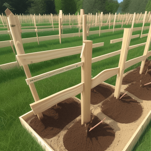 AI generated:  1 wooden stakes planted in the ground, tip upwards, aligned and spaced 1.5m apart, they measure 1.5...