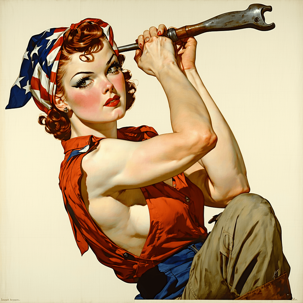 AI generated: Cover art quality illustration by ((Joseph Christian Leyendecker)), a Rosie the Riveter, 3/4 shot, f...