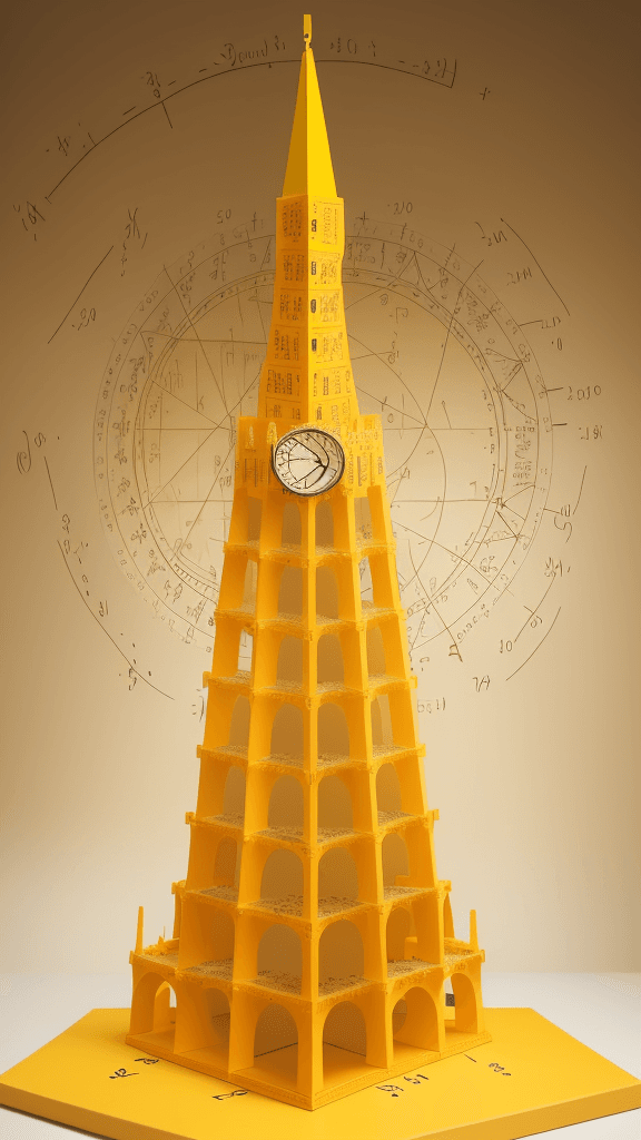 AI generated: Craft a vibrant representation of The Tower of Math in golden yellow. Incorporate numbers and equati...
