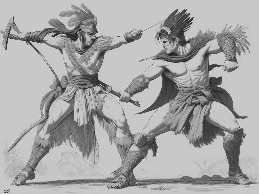 AI generated: an fierce hero in comic style line art 2d halting assaulting barbarians with a stretched arm. The he...