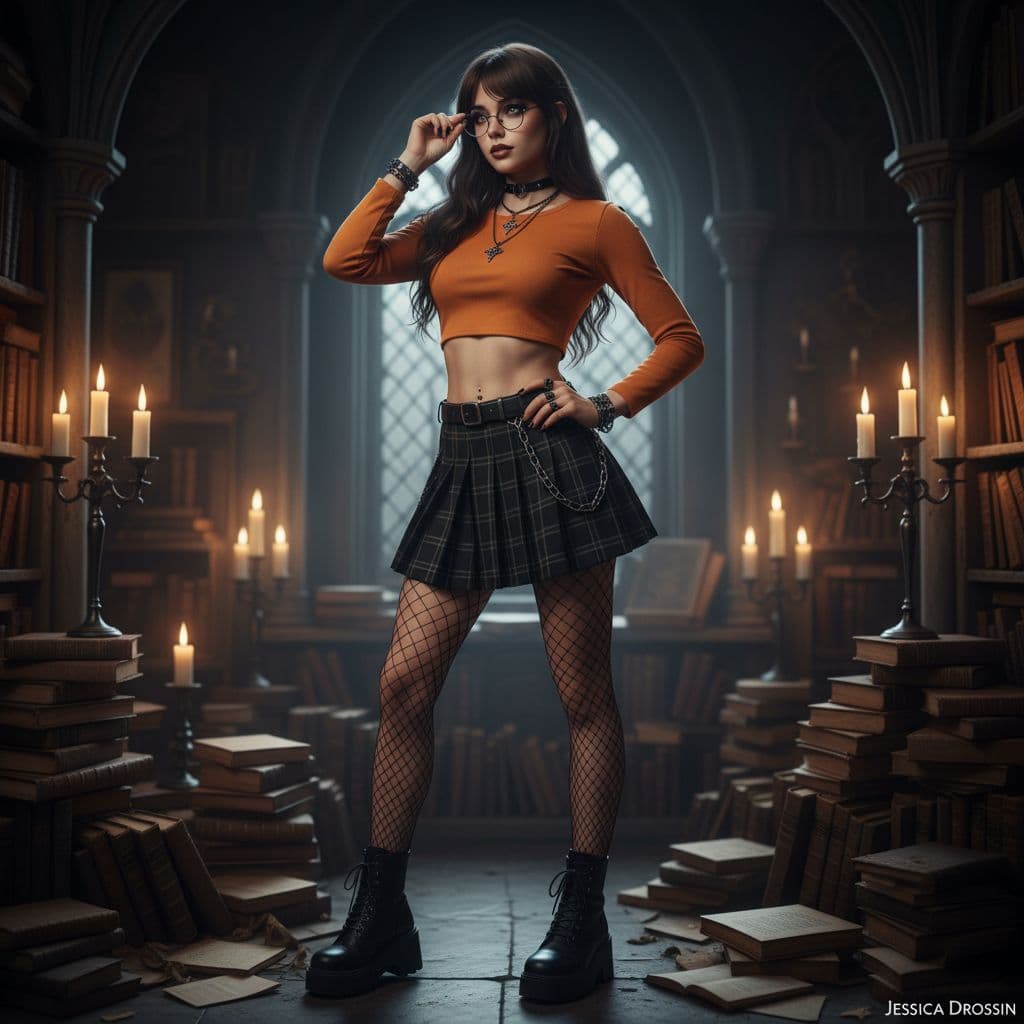 AI generated: Photo of a ultra realistic of velma from scooby-doo (20 years), very sultry look, so hot girl, beaut...