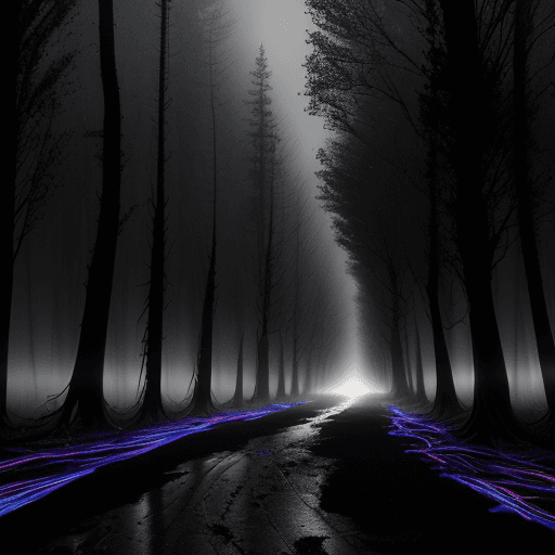 AI generated:  A muddy road in the middle of huge dead trees of light, sparkling colors, a thin foggy night, illum...