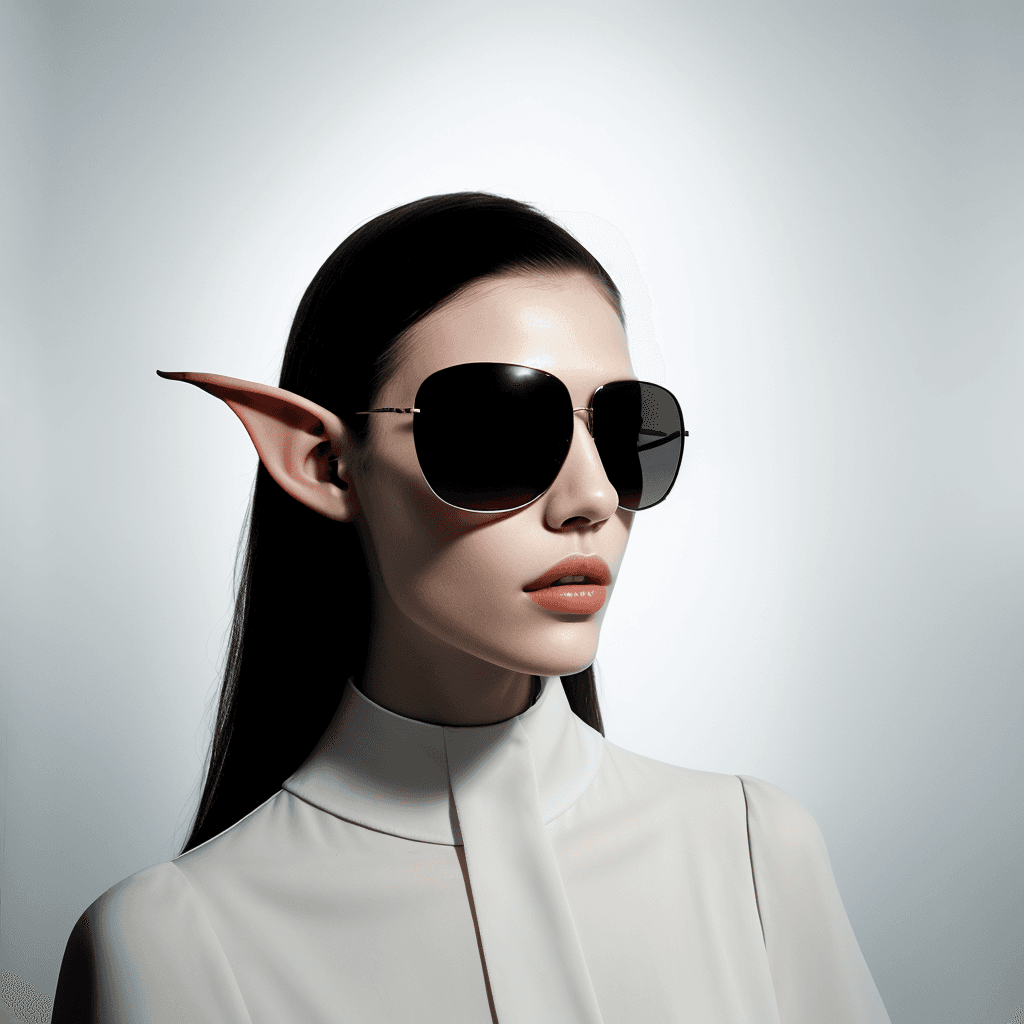 AI generated: reflection on sunglasses,bust portrait, volumetric neon lights, By gareth pugh, dark elf  with sungl...