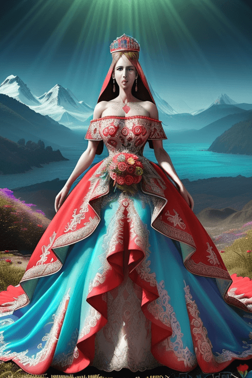 AI generated:  a real perfect female anatomy of Chile, colored dress, vibrant colors, elaborate dress, wedding dre...