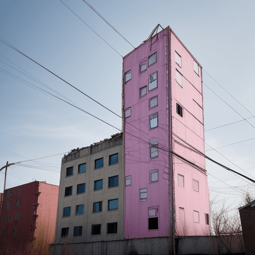 AI generated: A photo of a pink house towering over an abandoned factory in Montreal