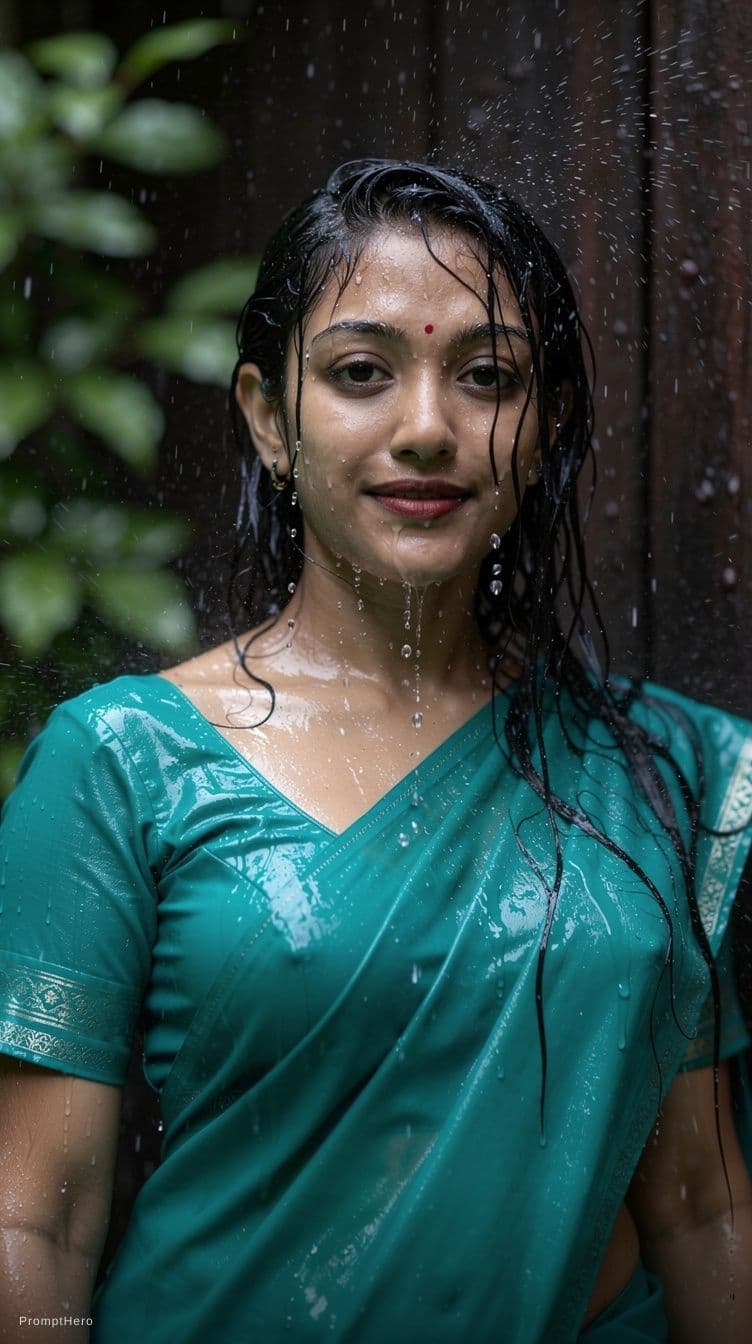 AI generated: Ultra-realistic cinematic photo of a beautiful young woman standing under splashing water outdoors, ...