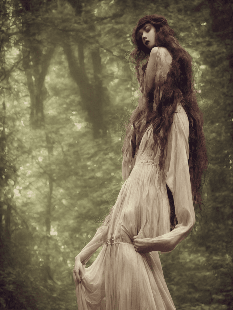 AI generated: mystical and beautiful woods, yung women realistic, long hair, full body, proportional body, vintage...