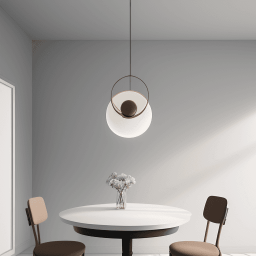 AI generated: zoom on a round dining table with a hanging lamp, 4 chairs, minimalistic style, natural light, 8k re...