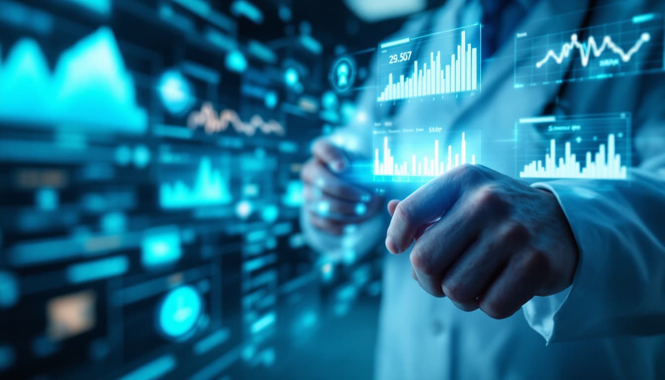 AI generated: ((a doctor analyzing real-time health data from a smartwatch on a futuristic holographic screen, flo...
