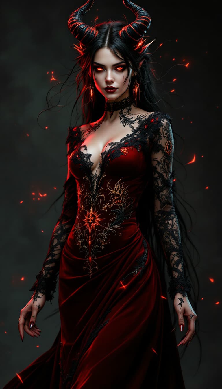 AI generated: An ultra-realistic, full-body portrait of a captivating demon summoner woman, radiating dark power a...