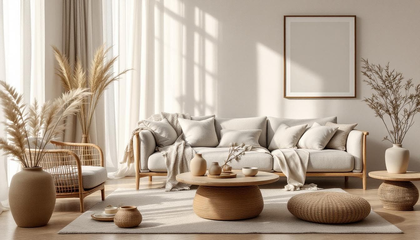AI generated: A luxury Zara Home interior set, styled with minimalist Scandinavian design. Neutral color palette w...