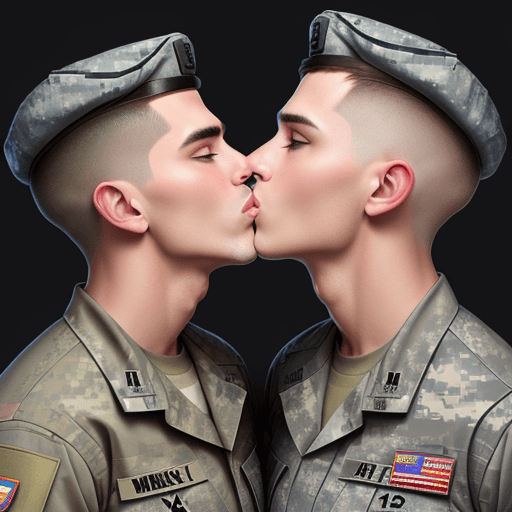 AI generated: two gay kisses military men