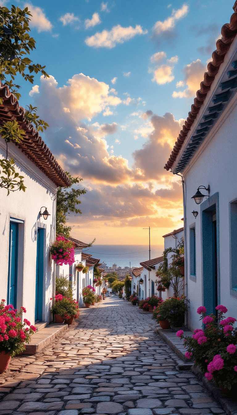 AI generated: Looking down a latino colonial modest 1 floor houses en un camino empedrado. Una plaza in the backgr...