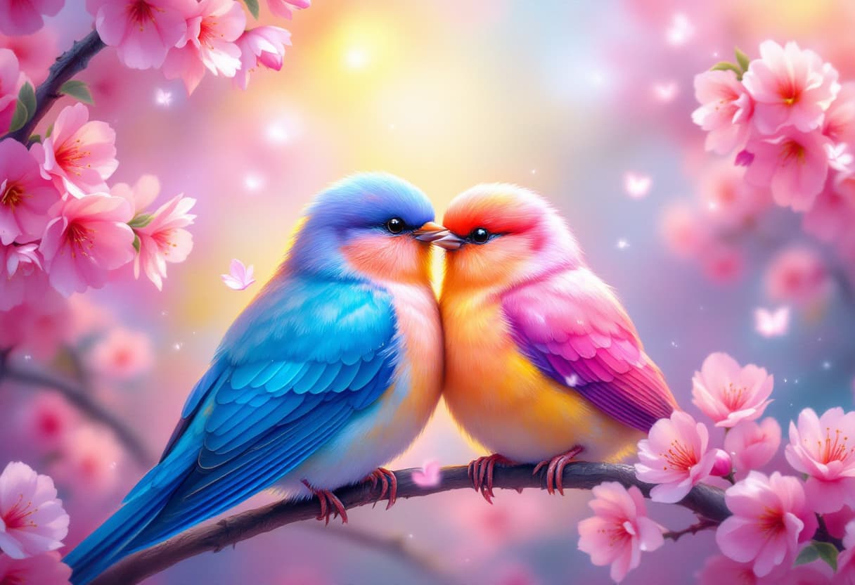 AI generated: A vibrant painting of two lovebirds cuddling, surrounded by blooming cherry blossoms. The colorful b...