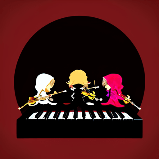 AI generated: A music band with a guy baterist a guy guitar a guy piano a guy violin and a singer girl with Red hi...