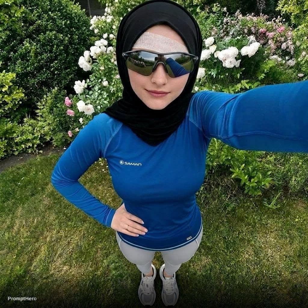 AI generated: Add sport reflecting sunglasses to the face of woman on picture, over her eye and over her eye banda...