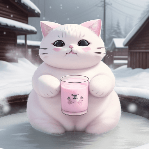 AI generated: Real adorable chubby cat with tattoos, enjoying snowy weather, sip pink milk, soaking in a hot sprin...