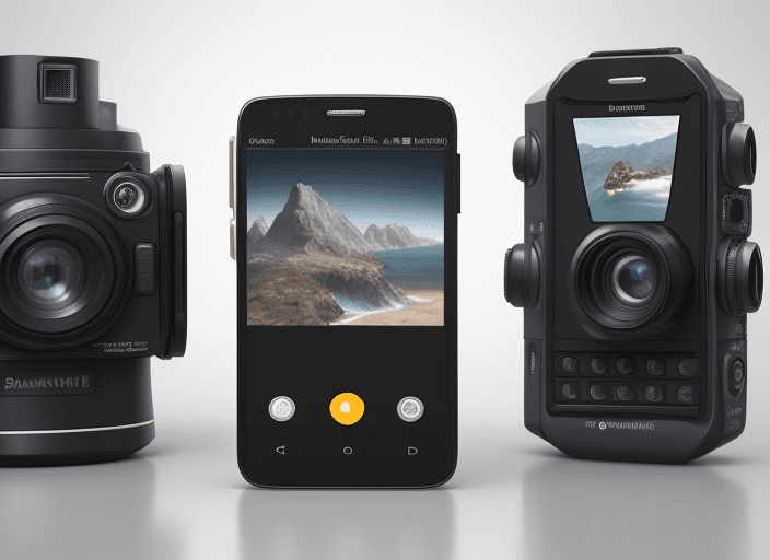 AI generated: Four different smart phones, each same size with 3 cameras, each a different style ranging from high...