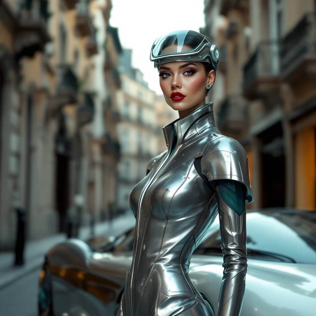 AI generated: A futuristic and elegant woman standing next to a sleek, retro-futuristic car in an ornate European ...