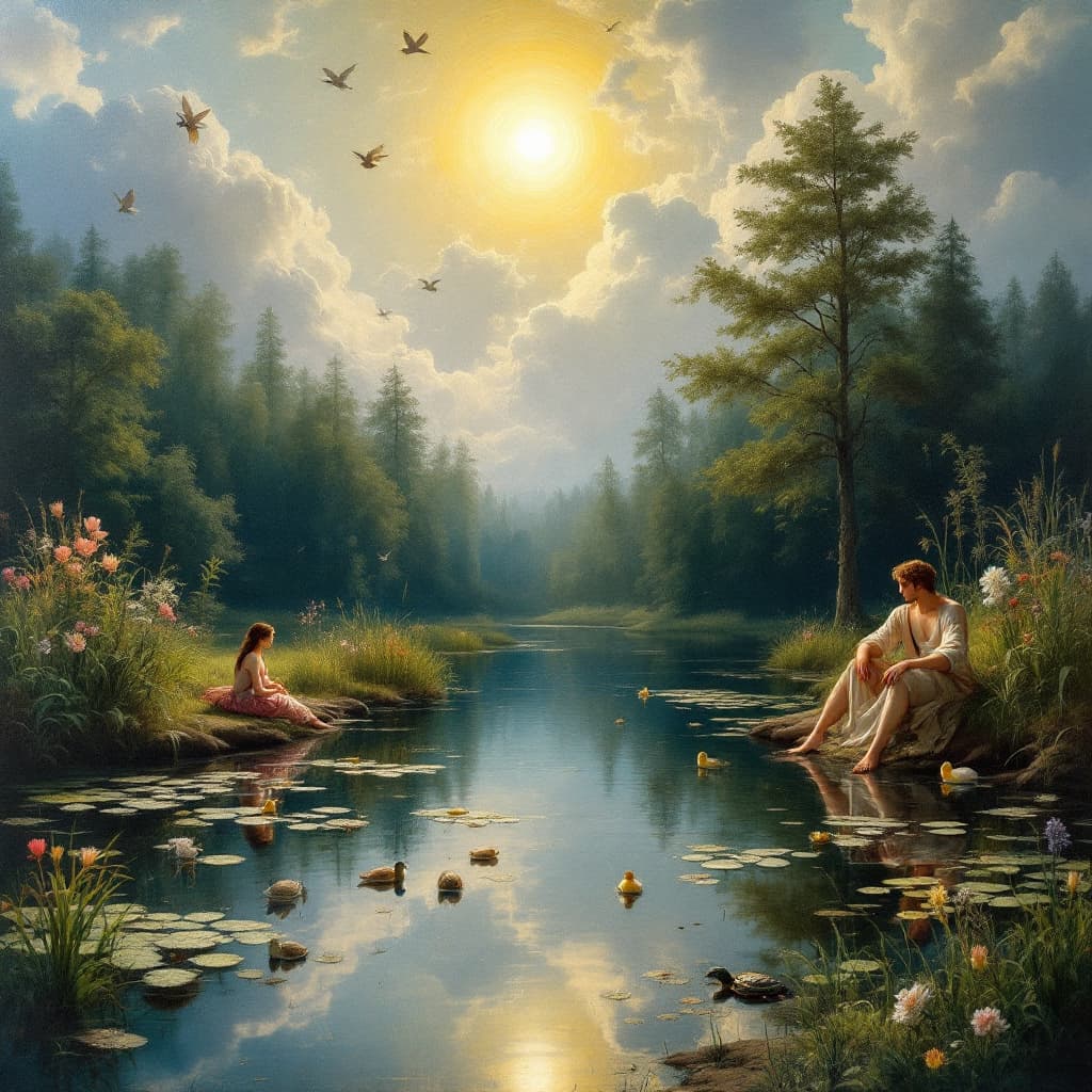 AI generated: A Renaissance oil painting in the style of the Dutch Masters of an isolated pond with the sun shinin...