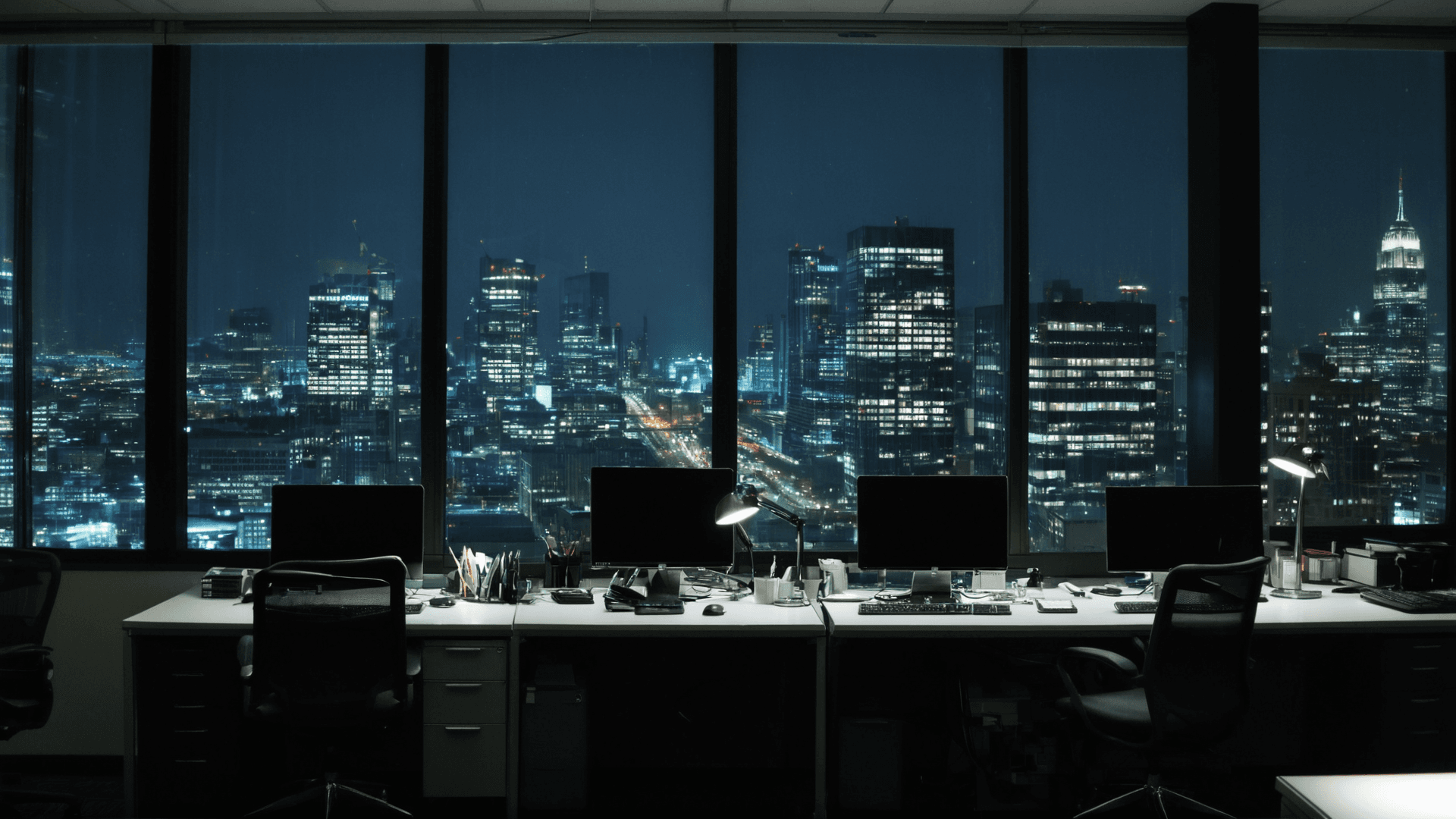 AI generated: photo inside an office with chairs and desks with the lights off at night, city visible through glas...