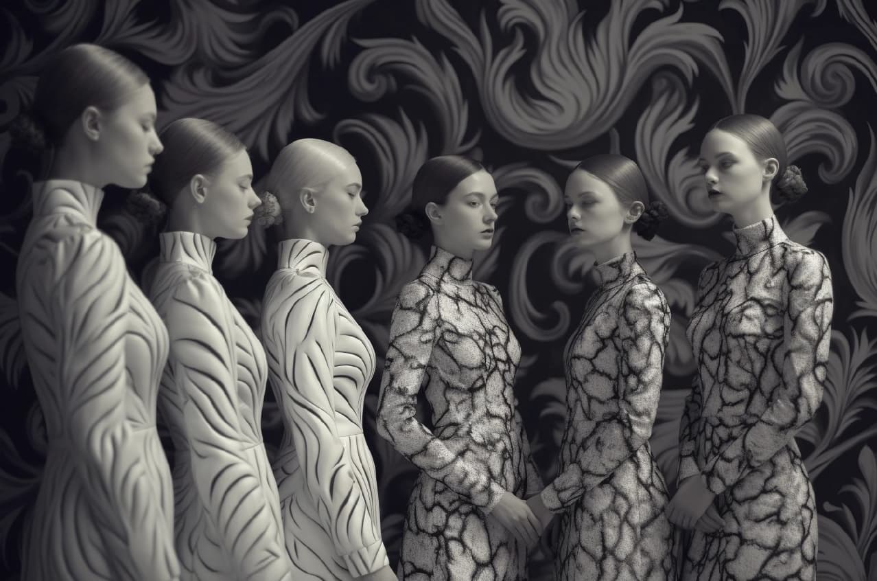 AI generated: a group of women standing next to each other, inspired by Alexander McQueen, in a dark corridor, sea...