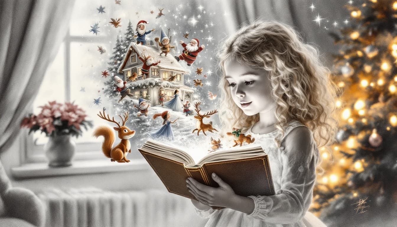 AI generated: Charcoal and pastel drawing.10 year old girl with blond curls. She is wearing a Christmas dress. She...