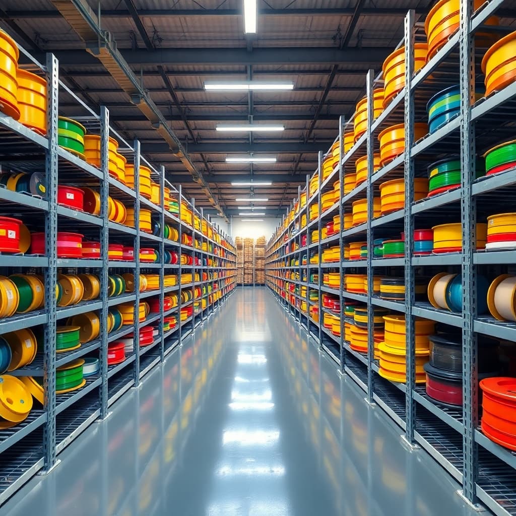 AI generated: A symmetrical view of an industrial storage facility with metal shelving, showcasing rows of colorfu...