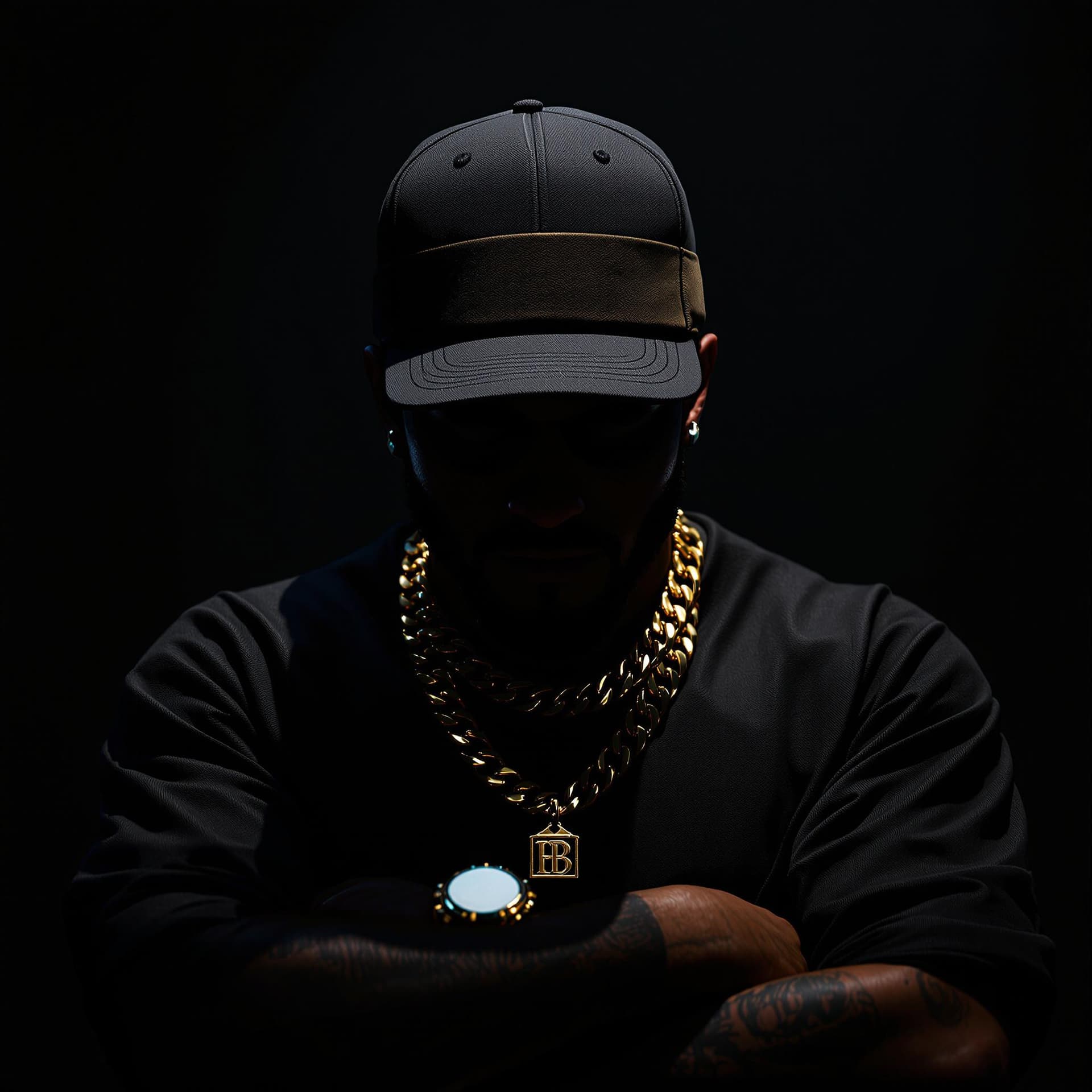 AI generated: old school b-boy rapper face in shadows wearing a kangol cap, gold chain and his arms crossed. 3d il...