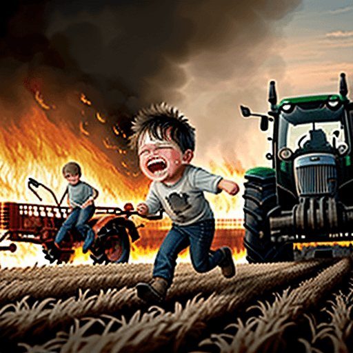 AI generated: Photo of a ultra realistic crying little boy getting chased by angry farmers with pitchforks, tracto...