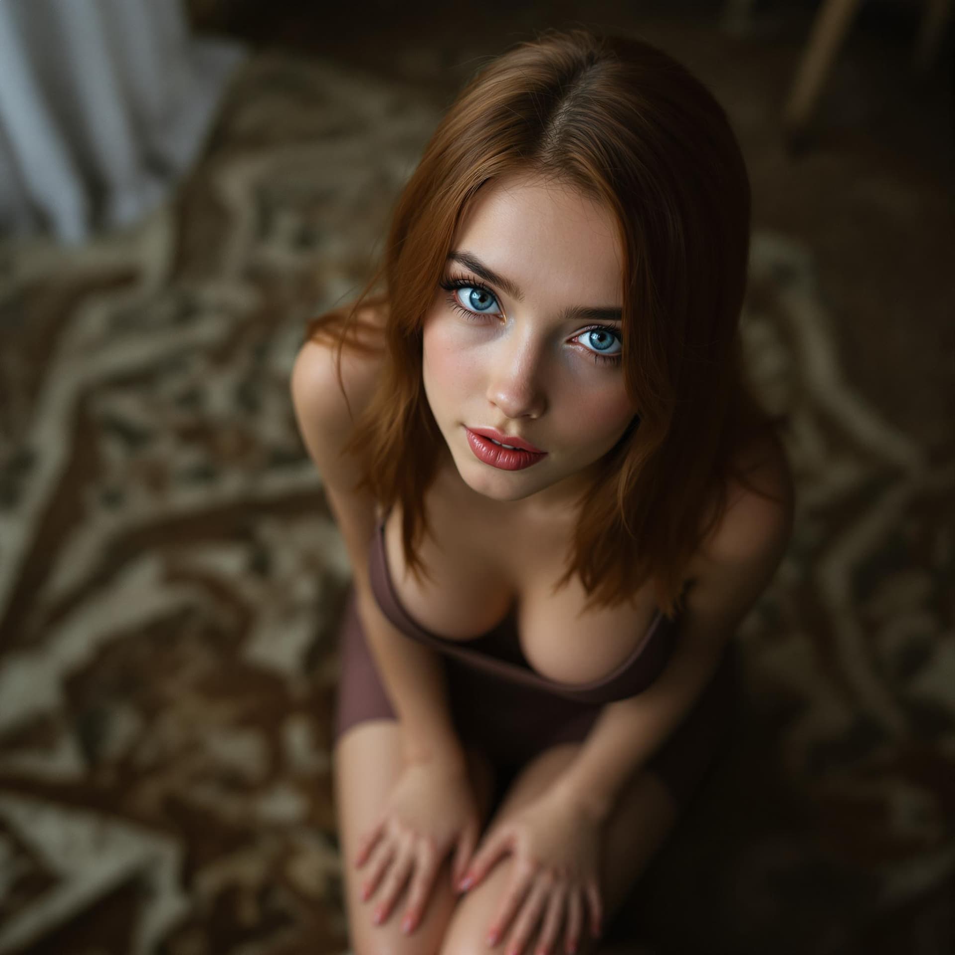 AI generated: Shot from above, 20 years old girl, [slim girl, slender girl], with big expressive eyes, [blue pierc...