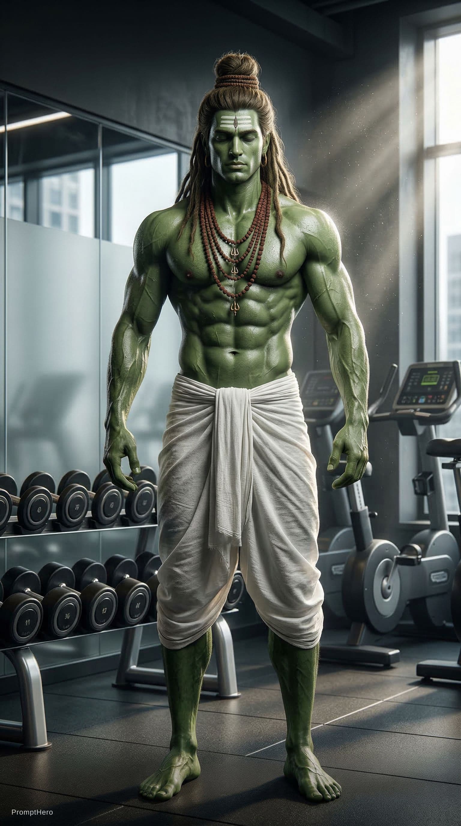 AI generated: Hulk but Lord Shiva, Indian mythology, one piece character, full body, tall lean muscular physique, ...