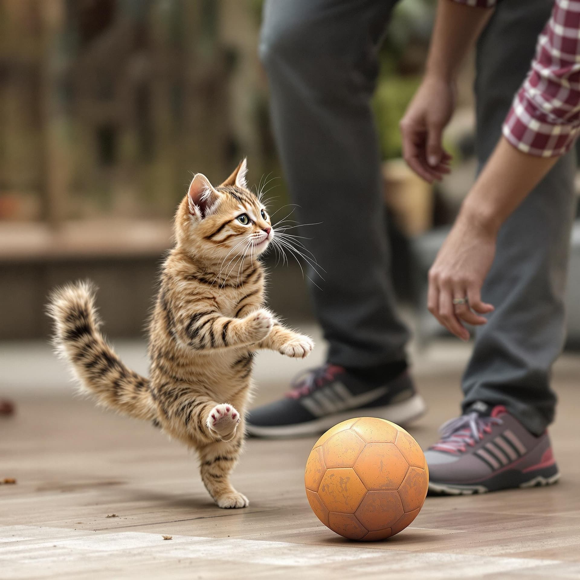 AI generated: Picture of a cat kicking a ball and playing with its owner
