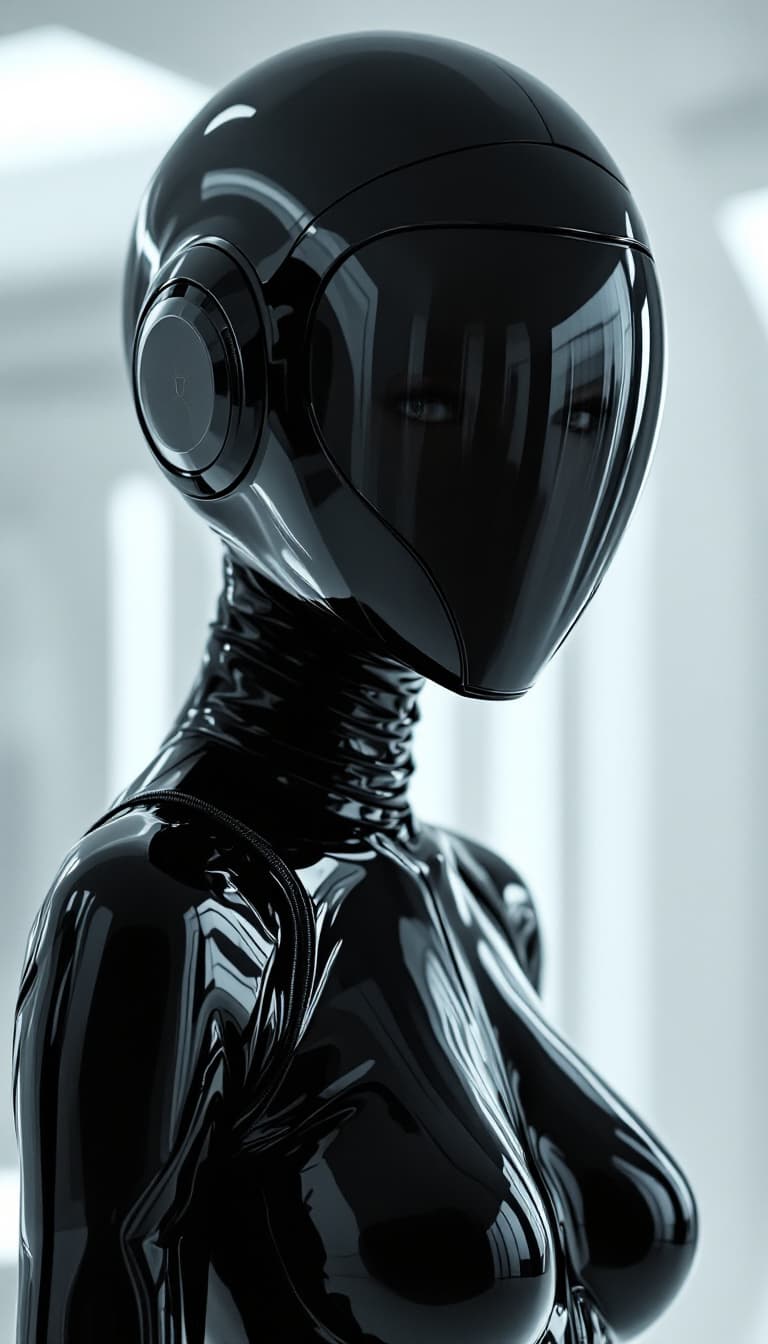 AI generated: Close-up shot of a woman wearing a black latex outfit and full-face helmet, standing in a white mini...