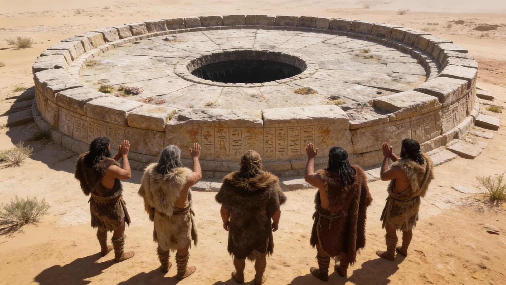 AI generated: Ancient humans in furs standing before the structure on dry land, worshipping it as a temple.(Ancien...