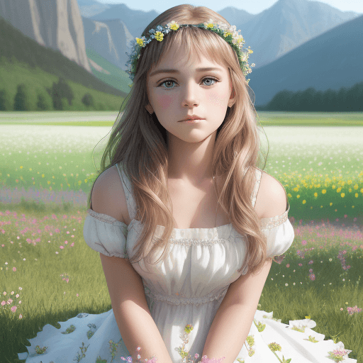 AI generated: Valley, mountains in background, field of flowers, young girl, long white dress, wearing flower crow...