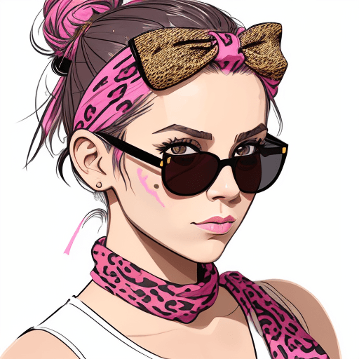 AI generated: Rd flat color drawing of a stylish girl with a distinctive messy bun hairstyle. She wears a bandana ...