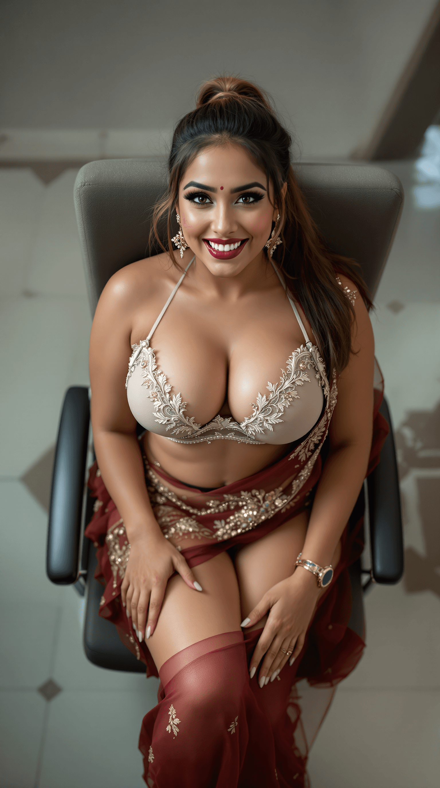 AI generated: Top view , full body image of a 25 year old plus sized hourglass figured Indian woman   sitting on a...