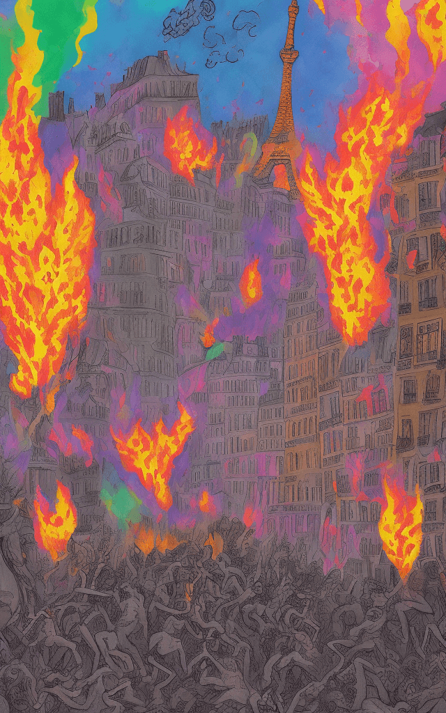 AI generated: A colorful draw of an apocalipse scenario, led by unicorns, in Paris, horror in peoples face, with f...