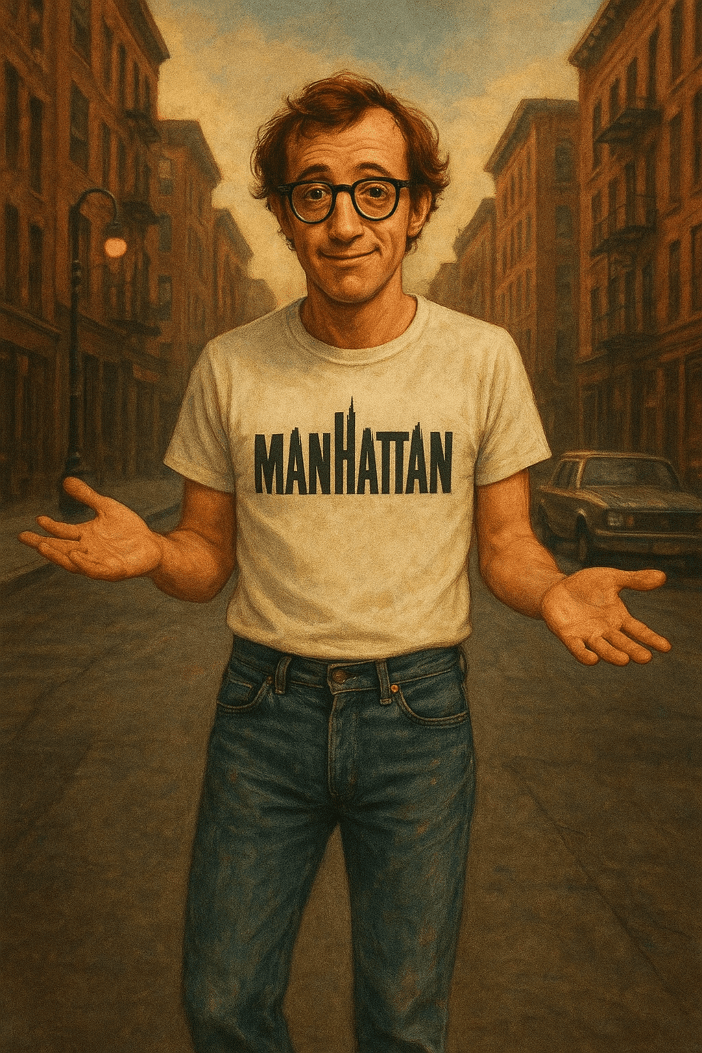 AI generated: Cinematic illustration, artistic style, late 1970s aesthetic, young Woody Allen in his thirties, wea...