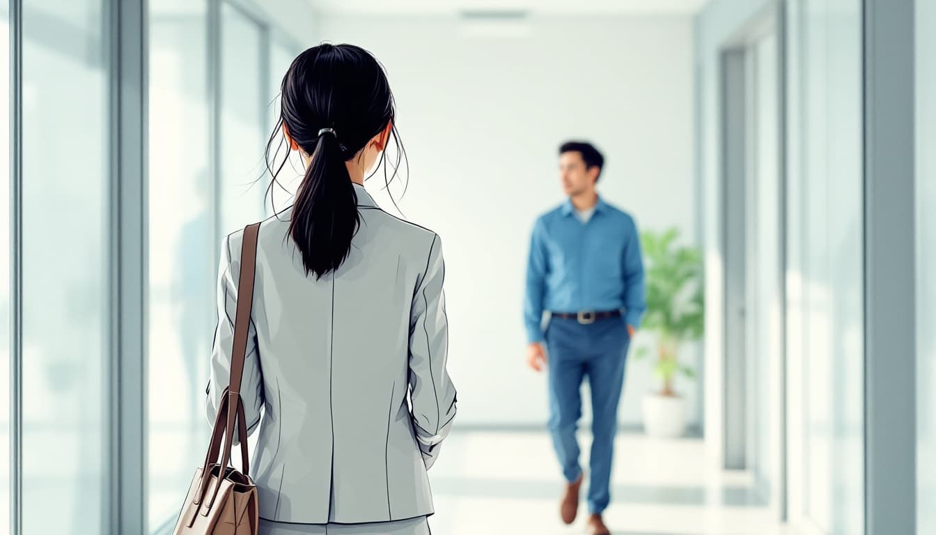AI generated: A young Japanese woman with her hair tied in a clean ponytail, seen from behind, walking calmly thro...