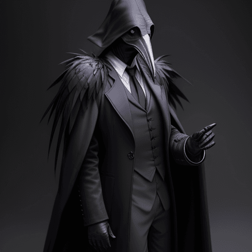 AI generated: Hyper realistic plague doctor wearing a coat made of raven feathers