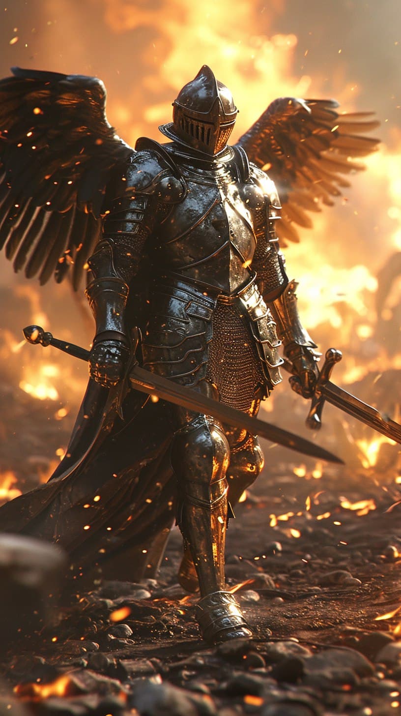 AI generated: A knight in detailed metallic armor stands prominently in the center of the picture, the knight is e...