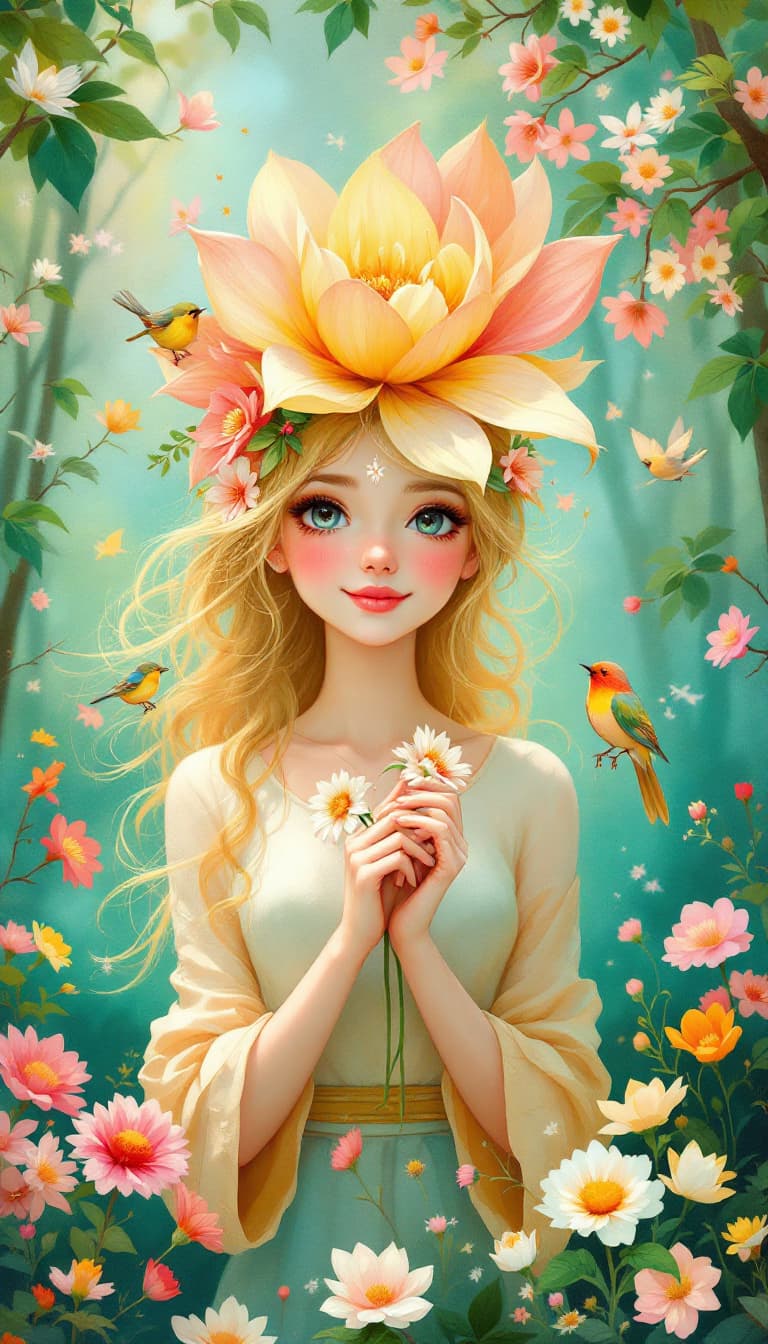 AI generated: In the center of the picture is a flower fairy with blonde hair. A smiling flower blooms on her head...