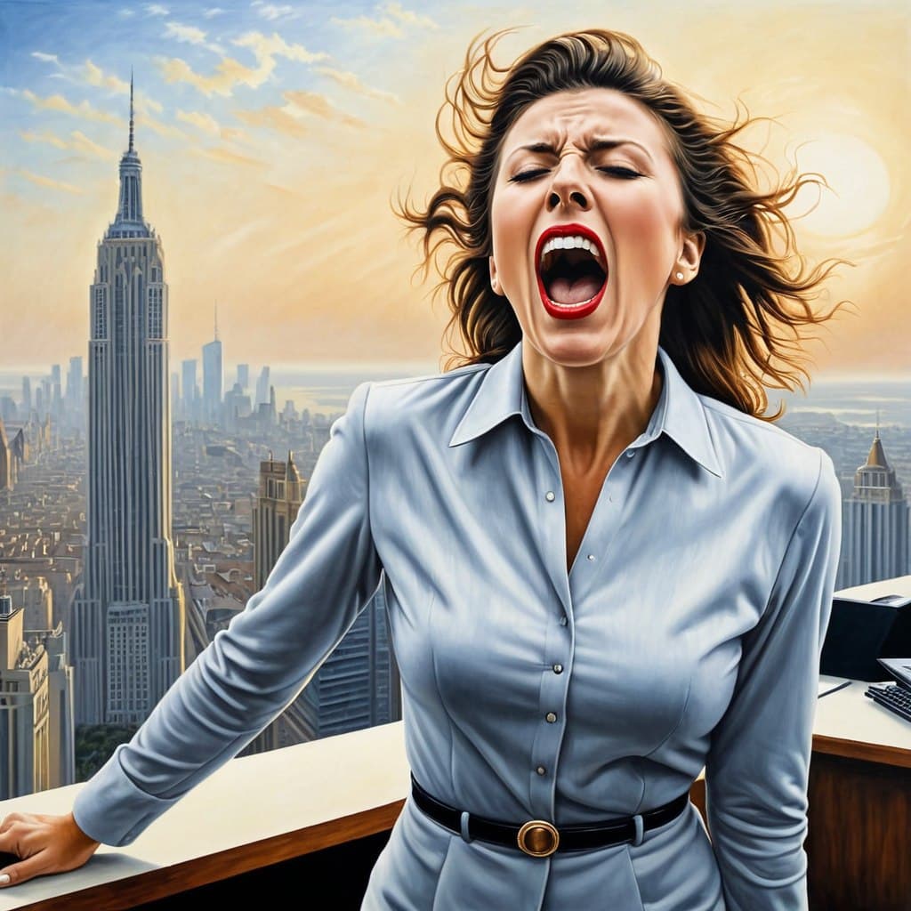 AI generated: insane woman screaming her head off, (office in the background:1.2), in the style of rafal olbinski,...
