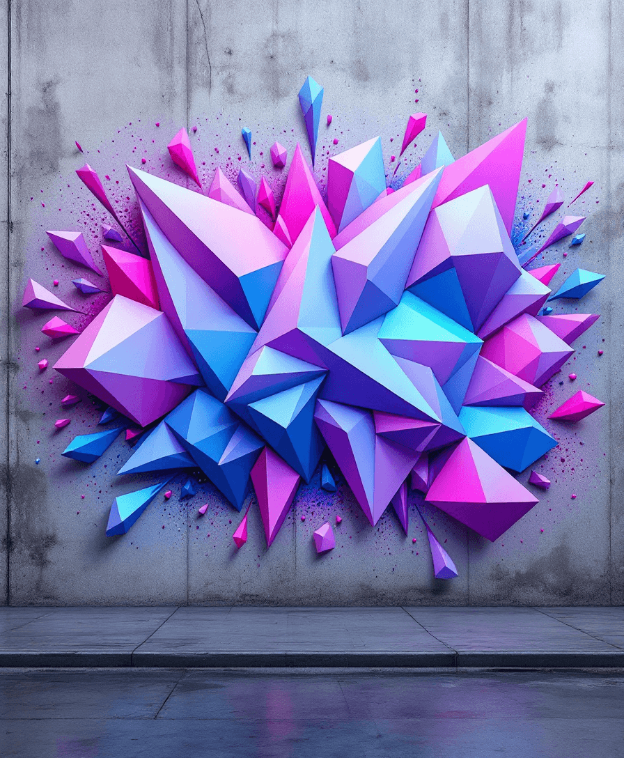 AI generated: A geometric graffiti mural on a raw concrete wall, featuring an explosion of sharp, polygonal shapes...