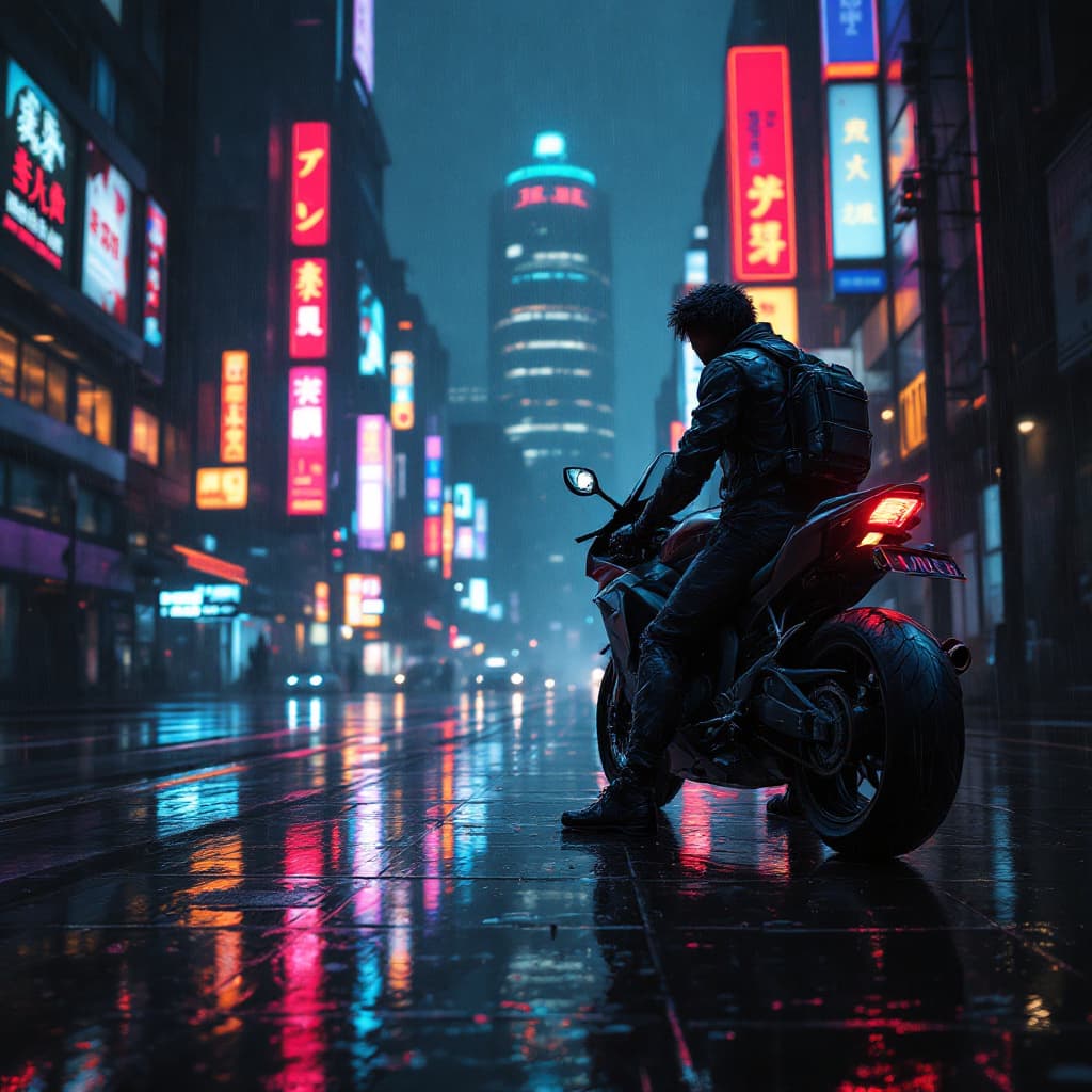 AI generated: kaneda poses at his motorcycle in a Rainy cityscape with neon lights, cyberpunk, futuristic building...