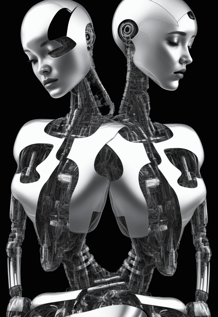 AI generated: half robot women, in the style of fine attention to anatomy, black, white, chrome, acrobat position,...