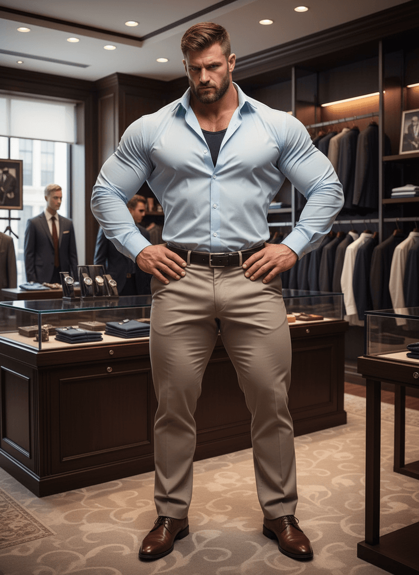 AI generated: At a very luxurious clothing store. His pants are beige, he has a dress baby blue shirt long sleeve....